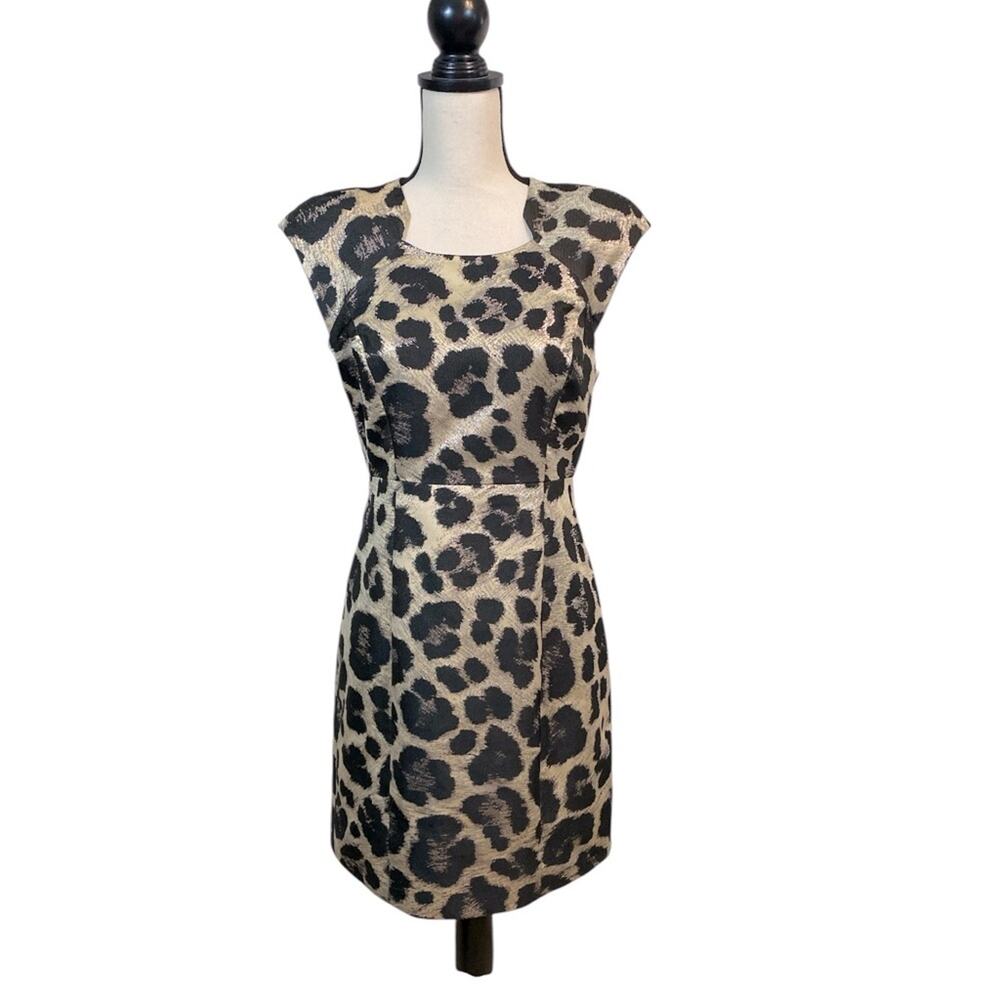 Tibi Leopard Print Metallic Cocktail Holiday Designer Sheath Dress Size 8